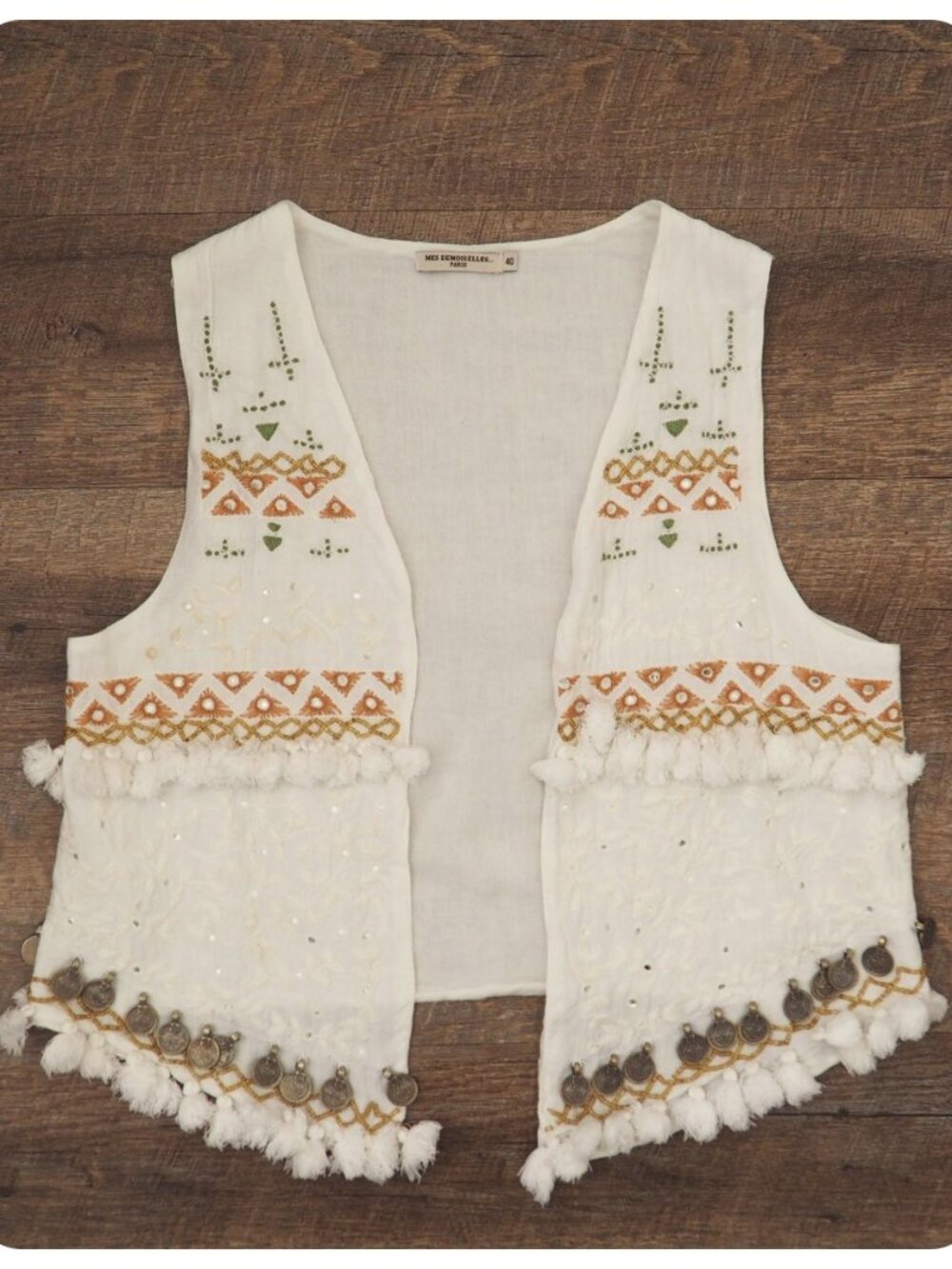 Mes Demoiselles Paris Boho Embellished Embroidered Linen Vest sz 40